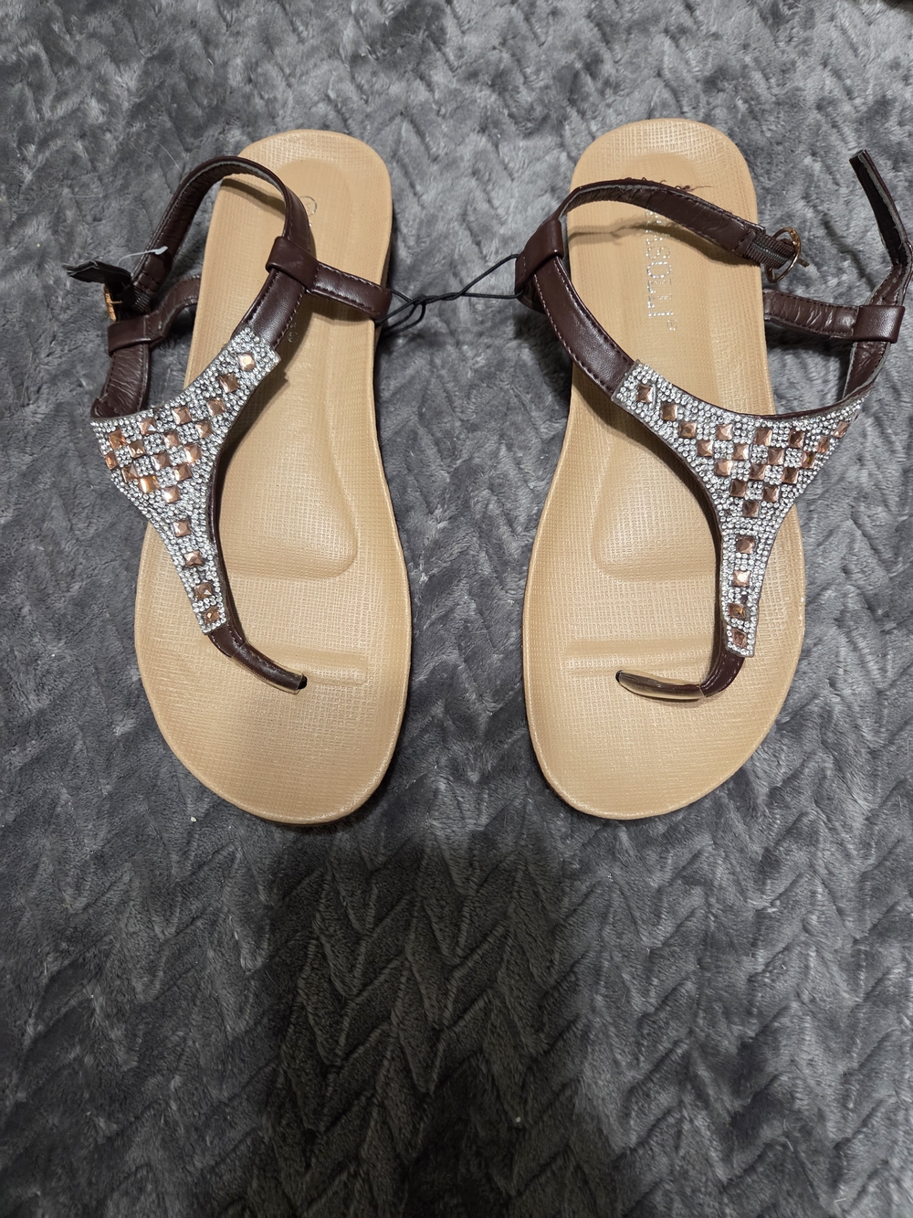 Women's Brown T-Strap Embellished Sandals